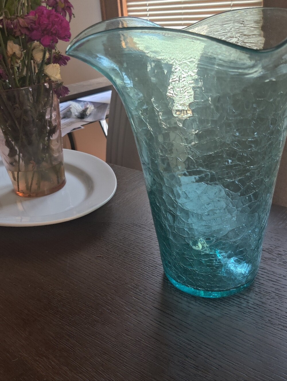 Handblown Crackle Glass Vase - Aqua Blue - Picture 2 of 7
